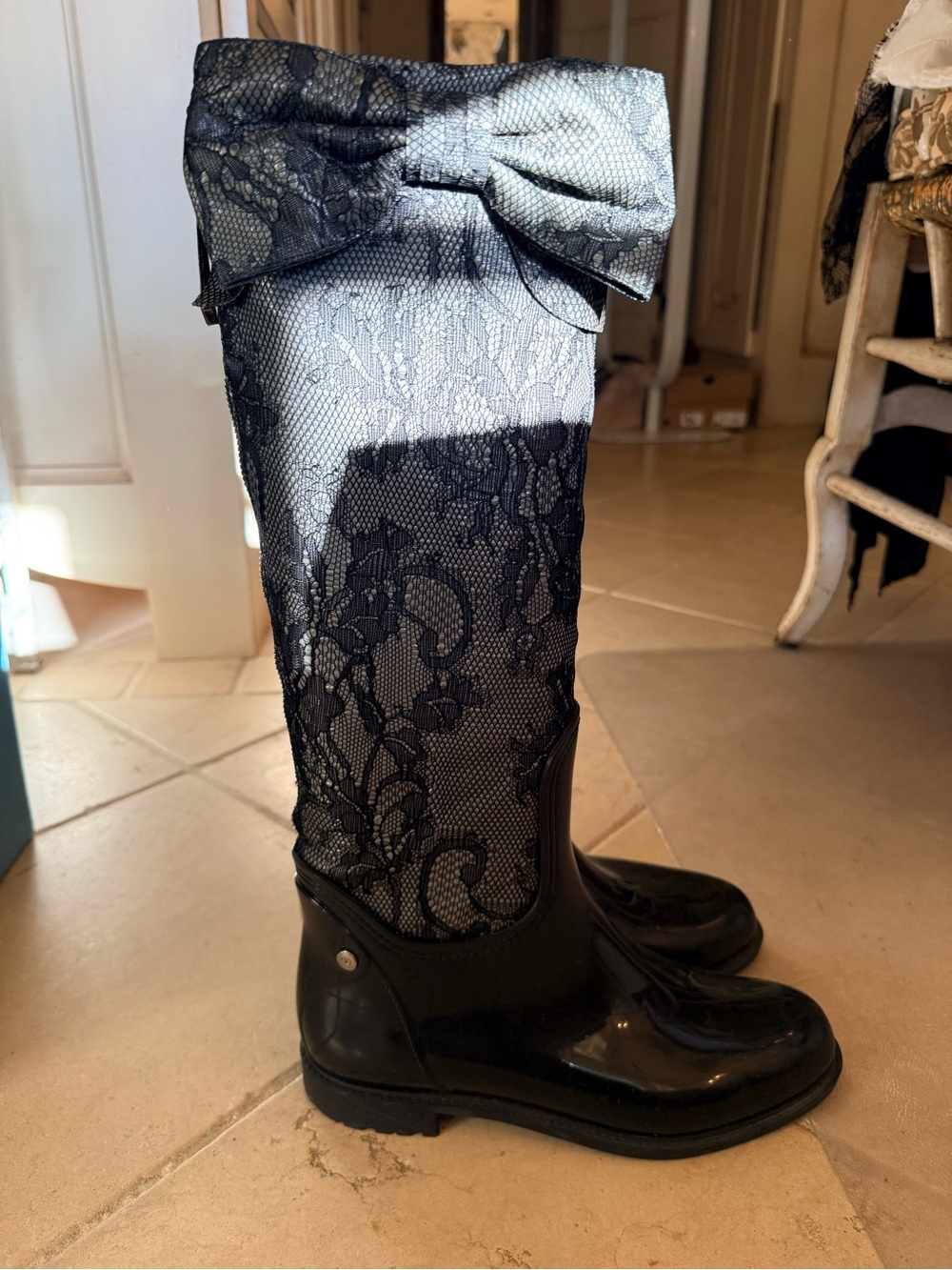 Valentino Black Lace-Trim Tall Rain Boots with Bow